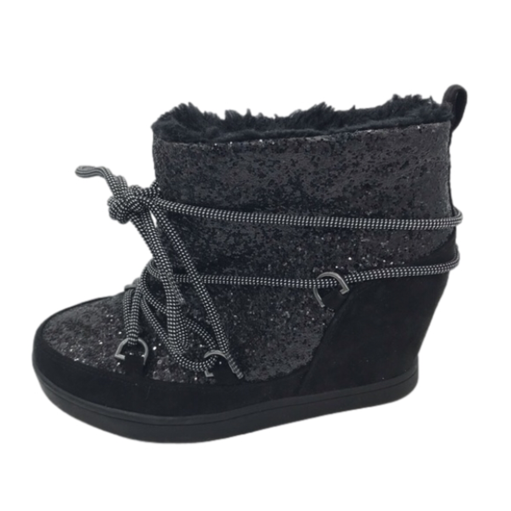 Juicy Couture MAREEN Wedge Faux Fur Booties Y2K Black Glitter Women’s Size …